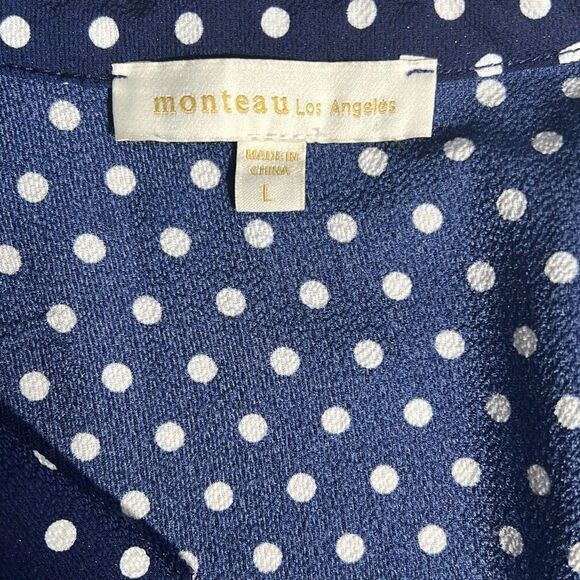 Monteau Los Angeles Women's Polka Dots Short Sleeve Blue Wrap Top Size Large - Picture 6 of 7